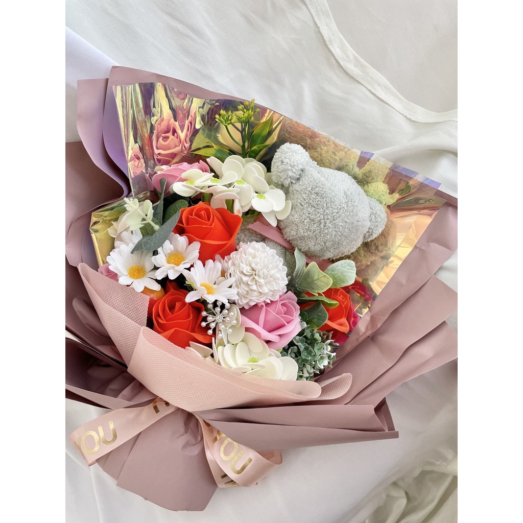 Soap Mixed Flowers Bouquet with Teddy Bear Gift Set - Image 3