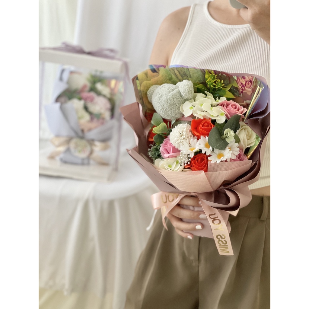 Soap Mixed Flowers Bouquet with Teddy Bear Gift Set - Image 5