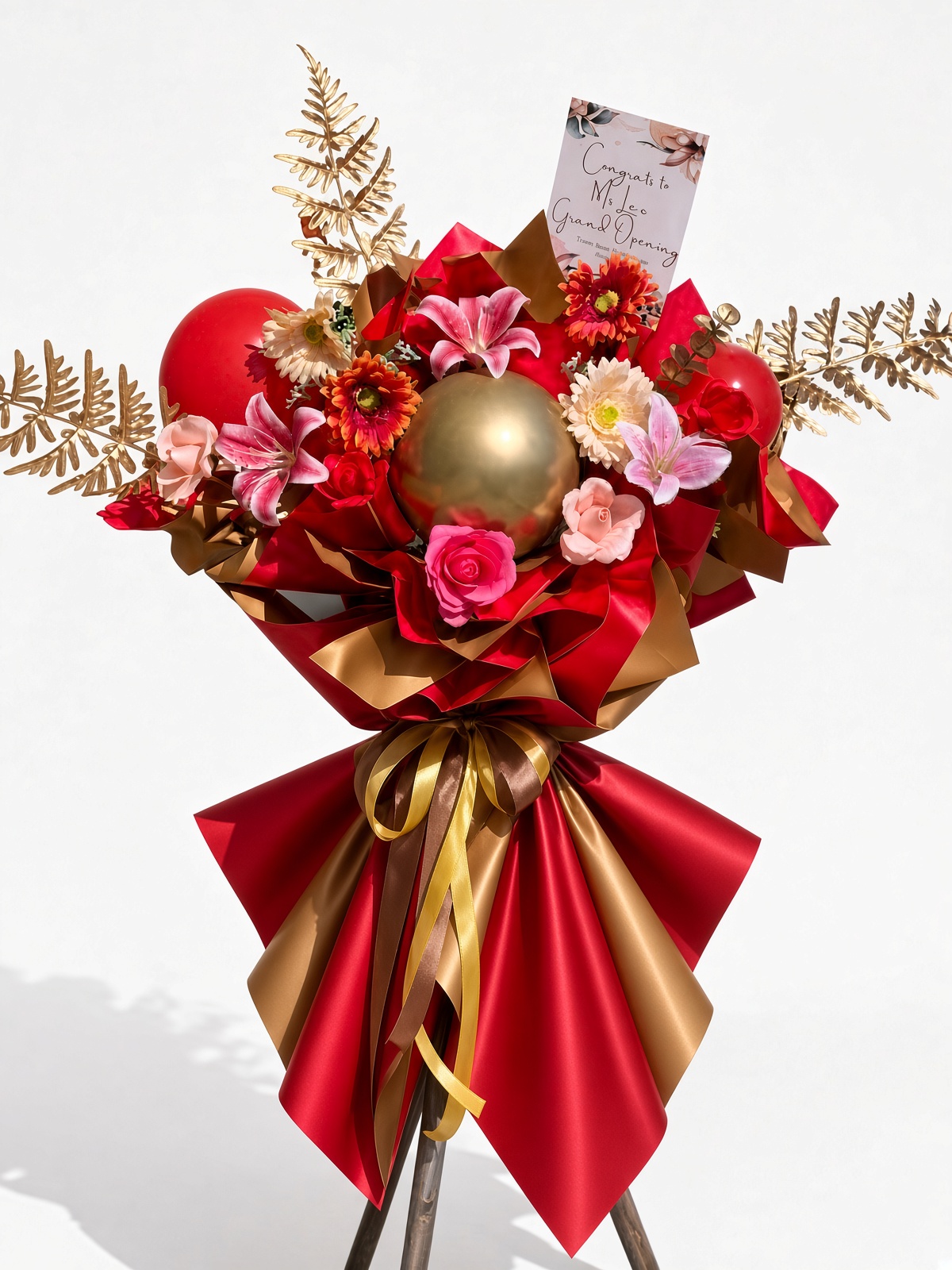 Grand Opening Flower Stand Red Gold | Soap Rose & Artificial Lily Standee | Shop Opening Congratulatory Stand