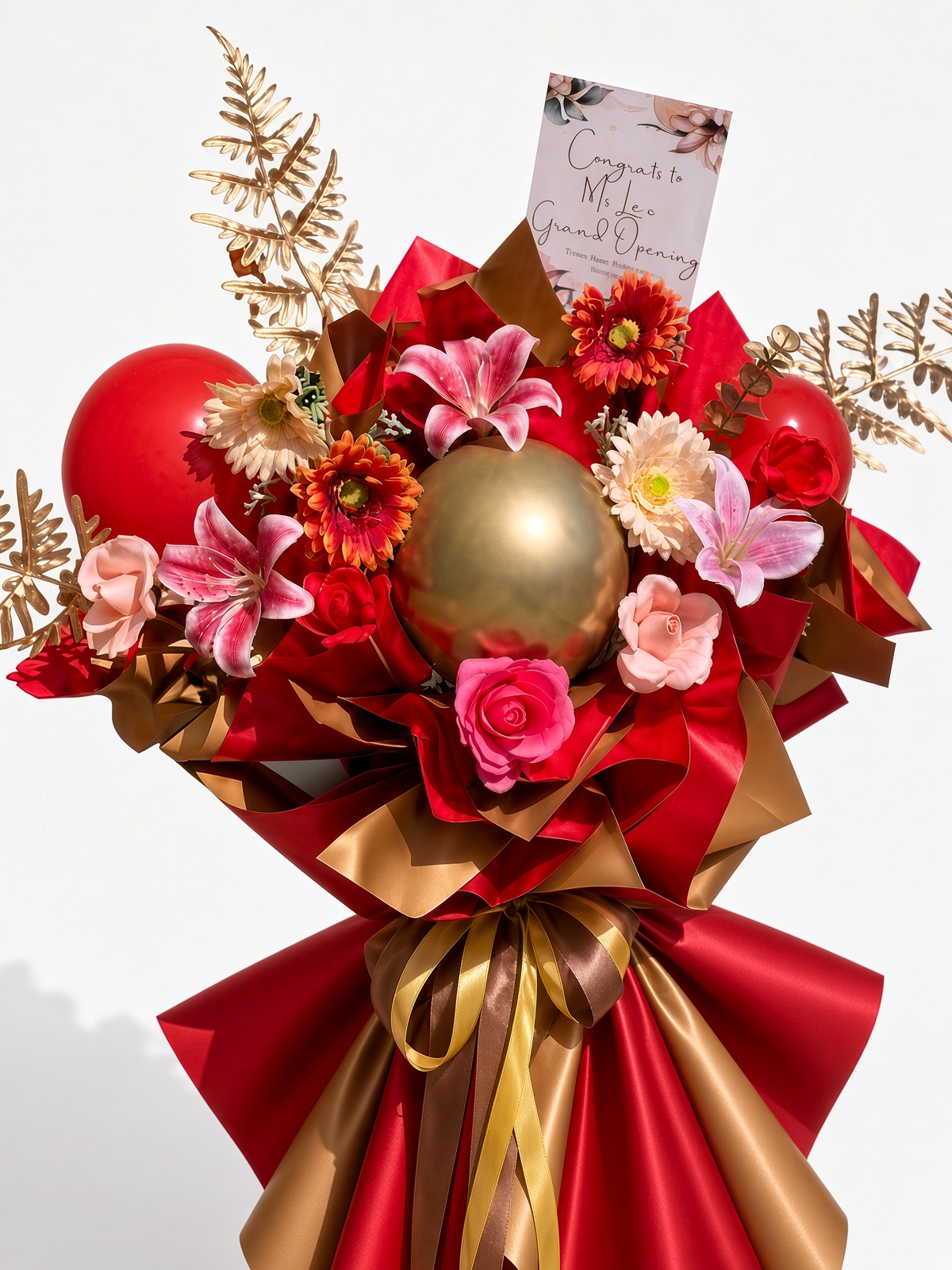 Grand Opening Flower Stand Red Gold | Soap Rose & Artificial Lily Standee | Shop Opening Congratulatory Stand - Image 2