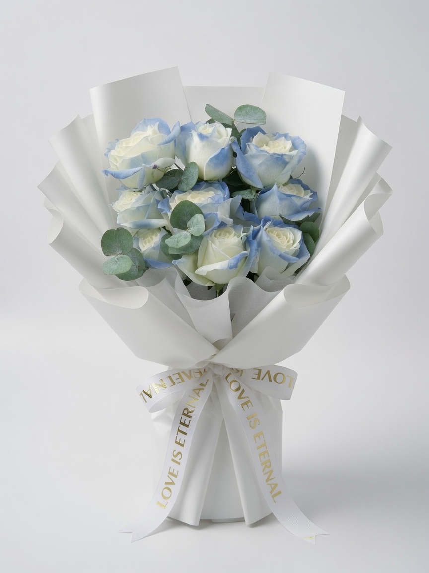 Rose Bouquet 9 Blue Stalks In Embrace