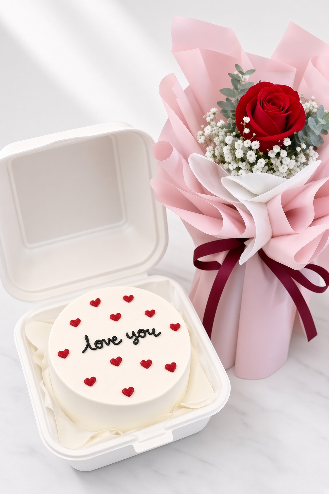 Single Rose Bouquet & Bento Cake | Flower & Cake Set - Image 2