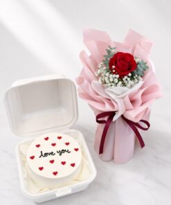 Single Rose Bouquet & Bento Cake | Flower & Cake Set