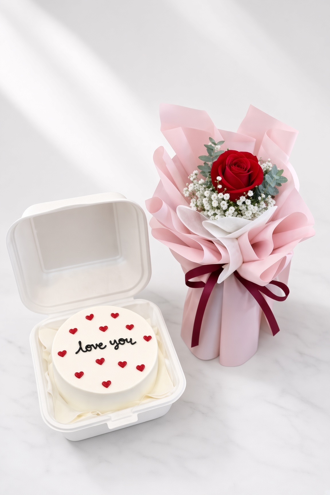 Single Rose Bouquet & Bento Cake | Flower & Cake Set