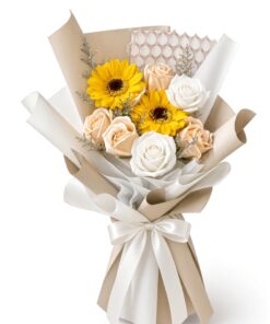 Sunflower & Champagne Rose Soap Flower Bouquet | Cream Roses in Cream Wrap