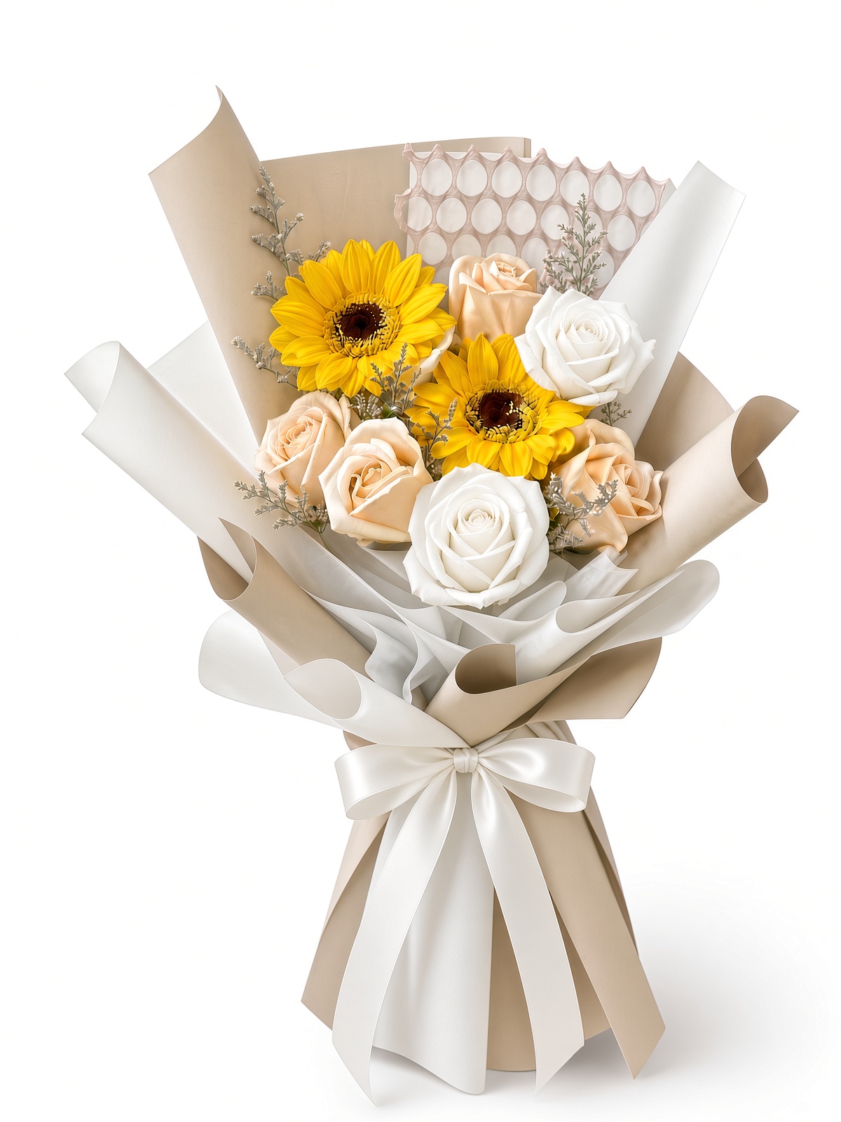 Sunflower & Champagne Rose Soap Flower Bouquet | Cream Roses in Cream Wrap