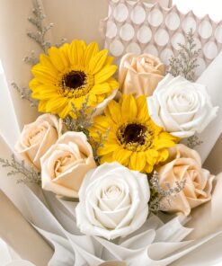 Sunflower & Champagne Rose Soap Flower Bouquet | Cream Roses in Cream Wrap - Image 2