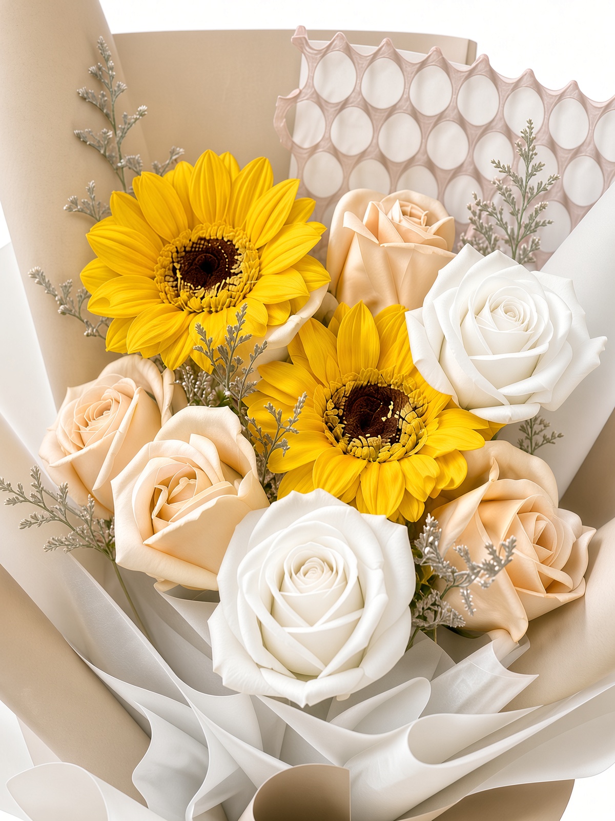 Sunflower & Champagne Rose Soap Flower Bouquet | Cream Roses in Cream Wrap - Image 2
