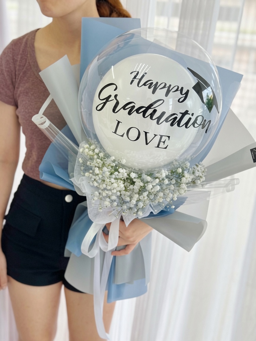 Graduation Baby Breath Hot Air Balloon Bouquet - Image 2
