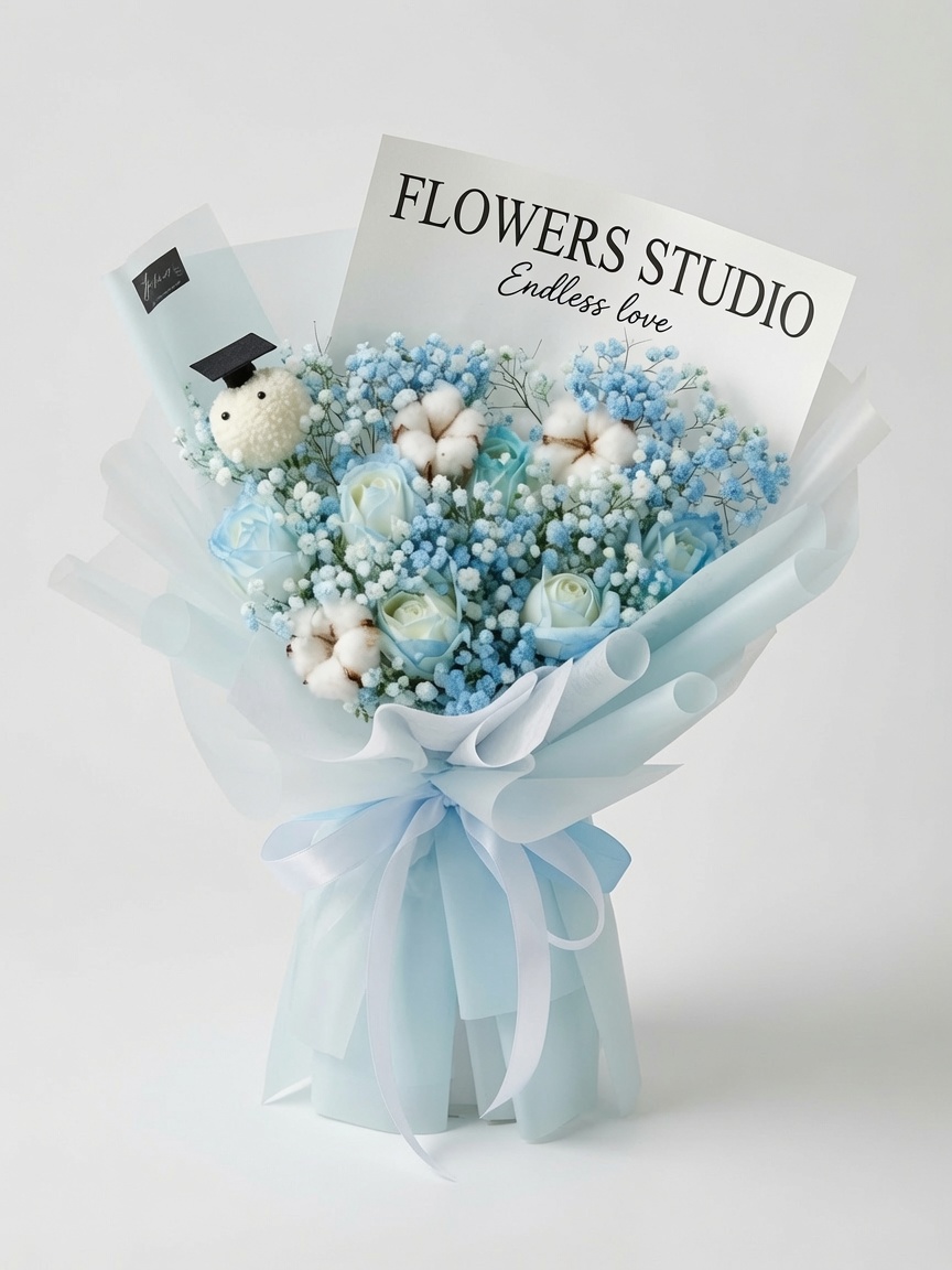 Graduation Bouquet Baby Breath Blue Triumph