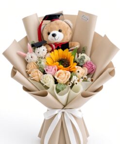 Graduation Soap Flower Bouquet | Sunflower, Mixed Roses & Mini Bunny