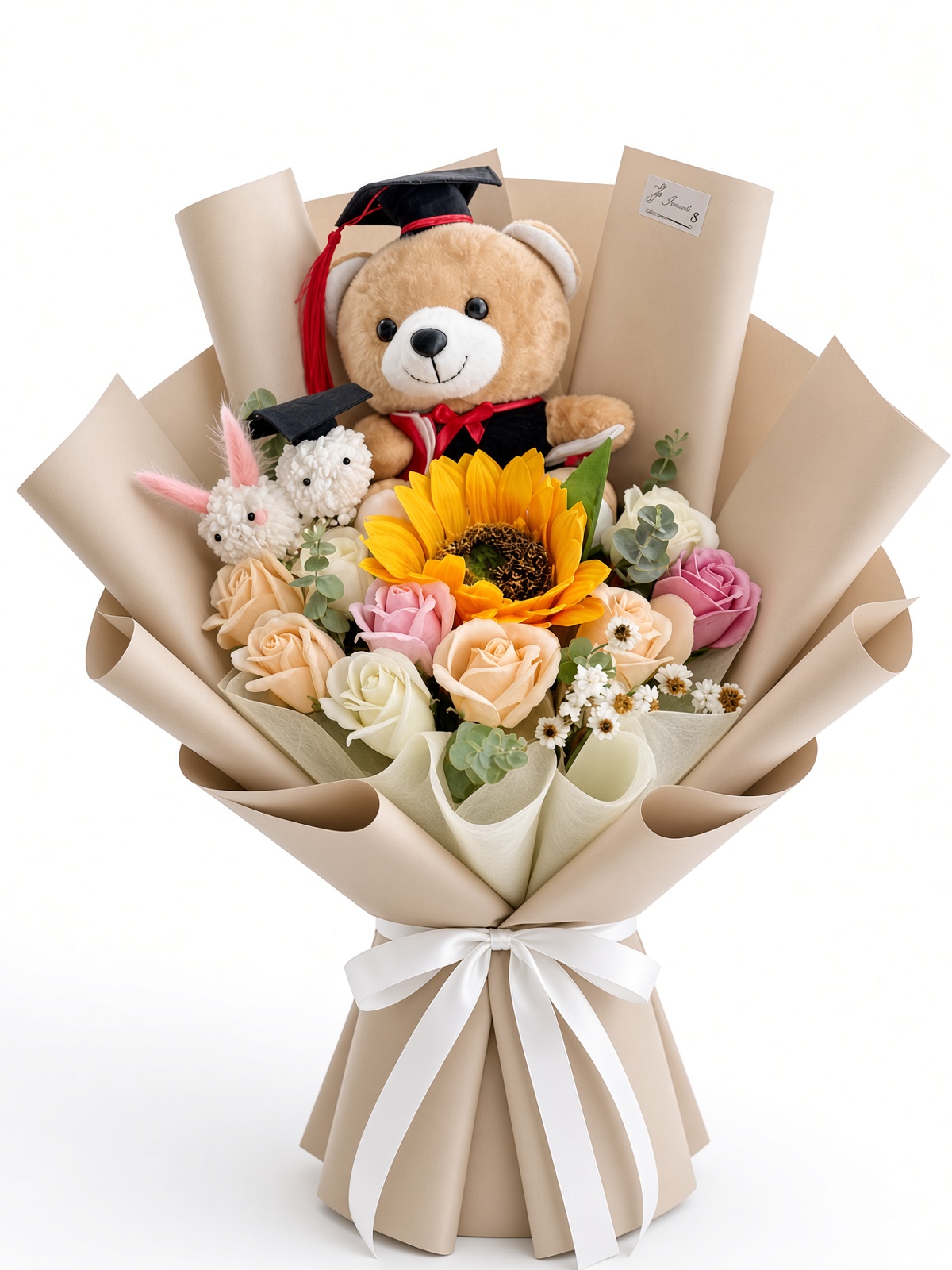 Graduation Soap Flower Bouquet | Sunflower, Mixed Roses & Mini Bunny