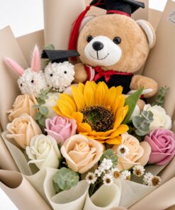 Graduation Soap Flower Bouquet | Sunflower, Mixed Roses & Mini Bunny - Image 2