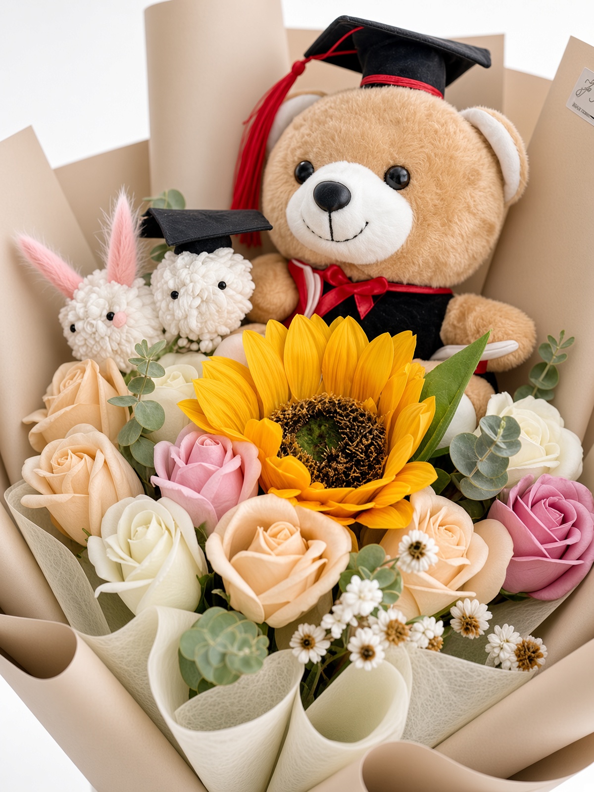 Graduation Soap Flower Bouquet | Sunflower, Mixed Roses & Mini Bunny - Image 2
