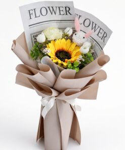 Sunflower Soap Flower Bouquet | White Roses & Newspaper Wrap