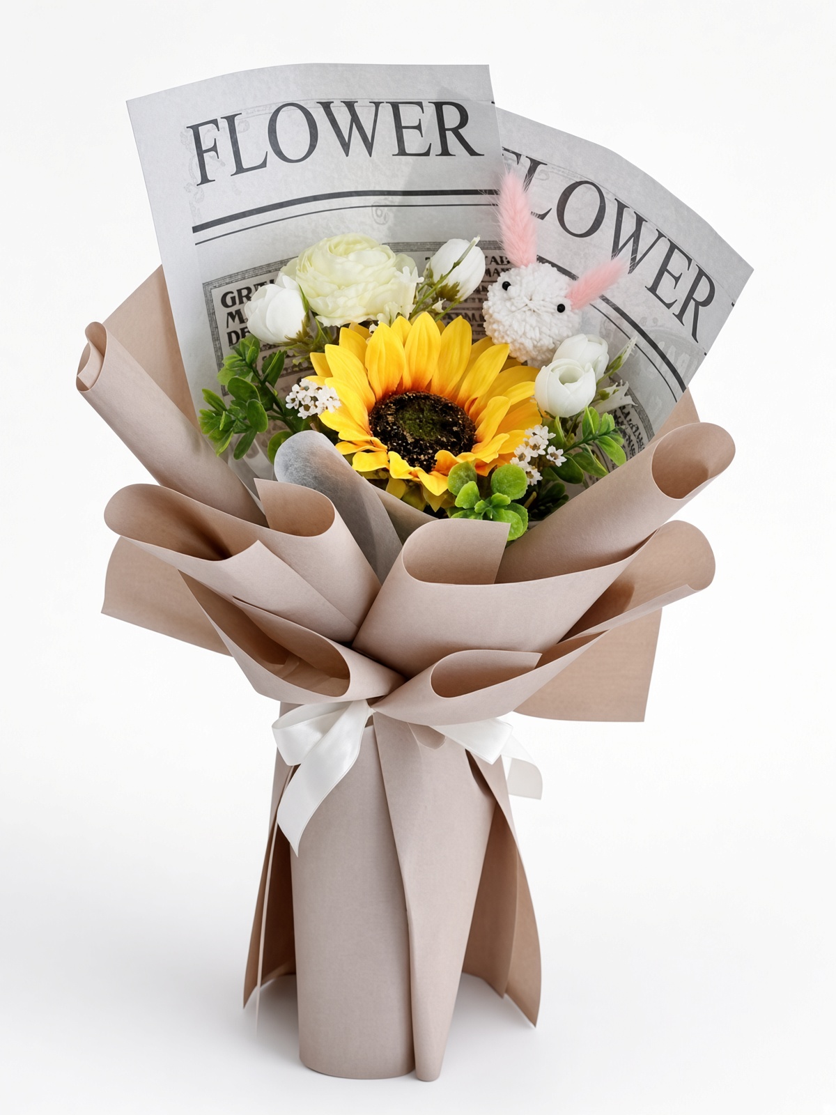 Sunflower Soap Flower Bouquet | White Roses & Newspaper Wrap