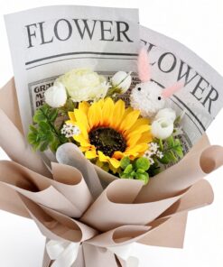 Sunflower Soap Flower Bouquet | White Roses & Newspaper Wrap - Image 2