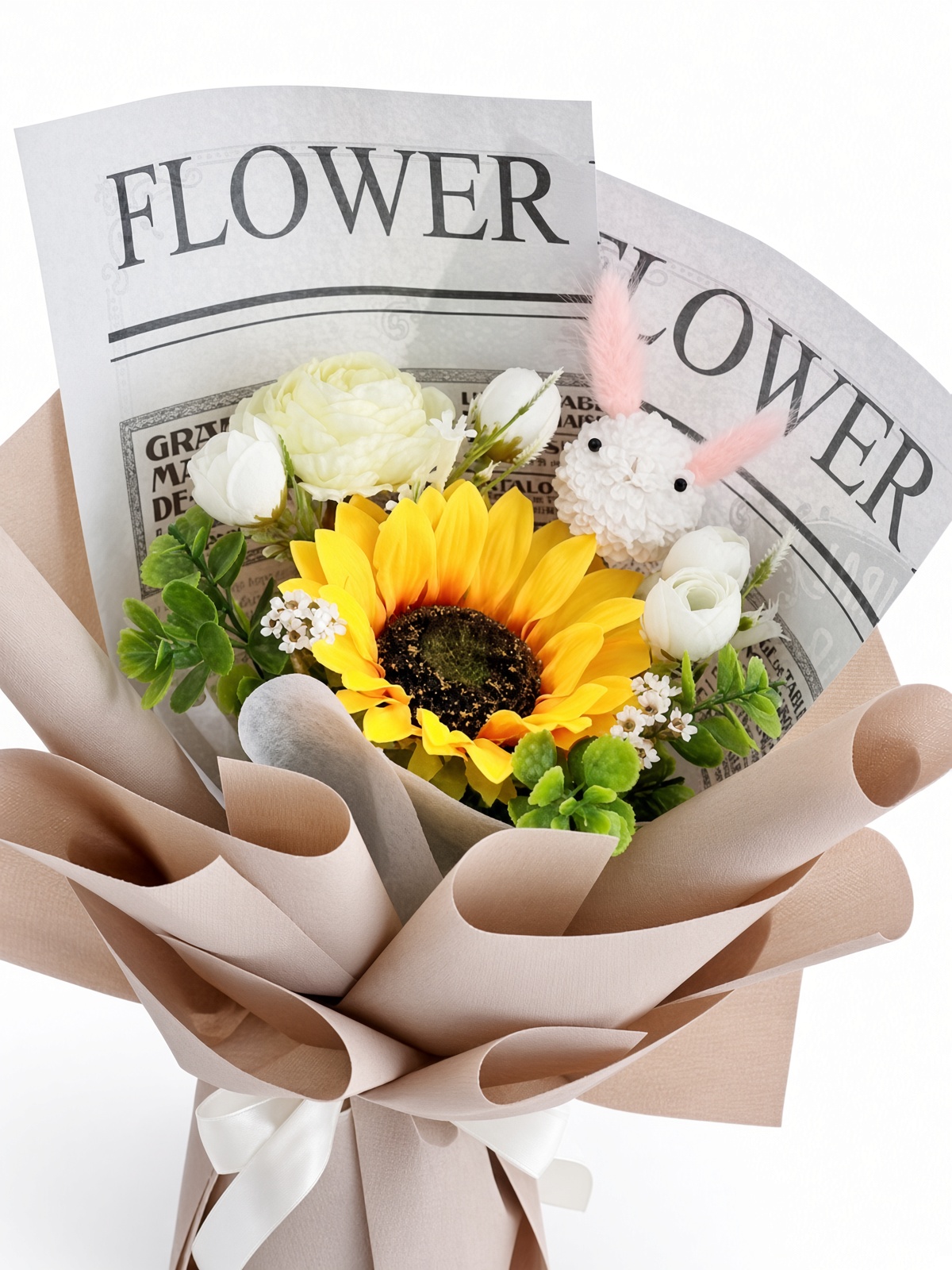 Sunflower Soap Flower Bouquet | White Roses & Newspaper Wrap - Image 2