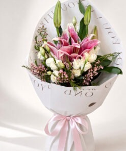 Fresh Pink Lily Bouquet with White Eustomas | Oriental Lilies & Lisianthus