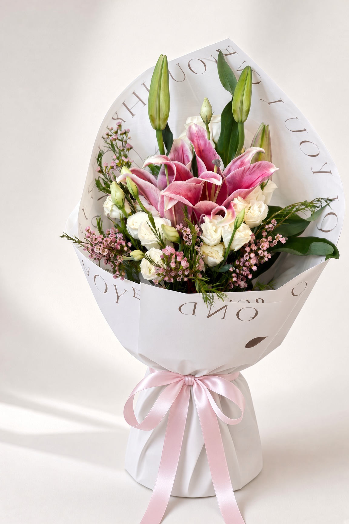 Fresh Pink Lily Bouquet with White Eustomas | Oriental Lilies & Lisianthus