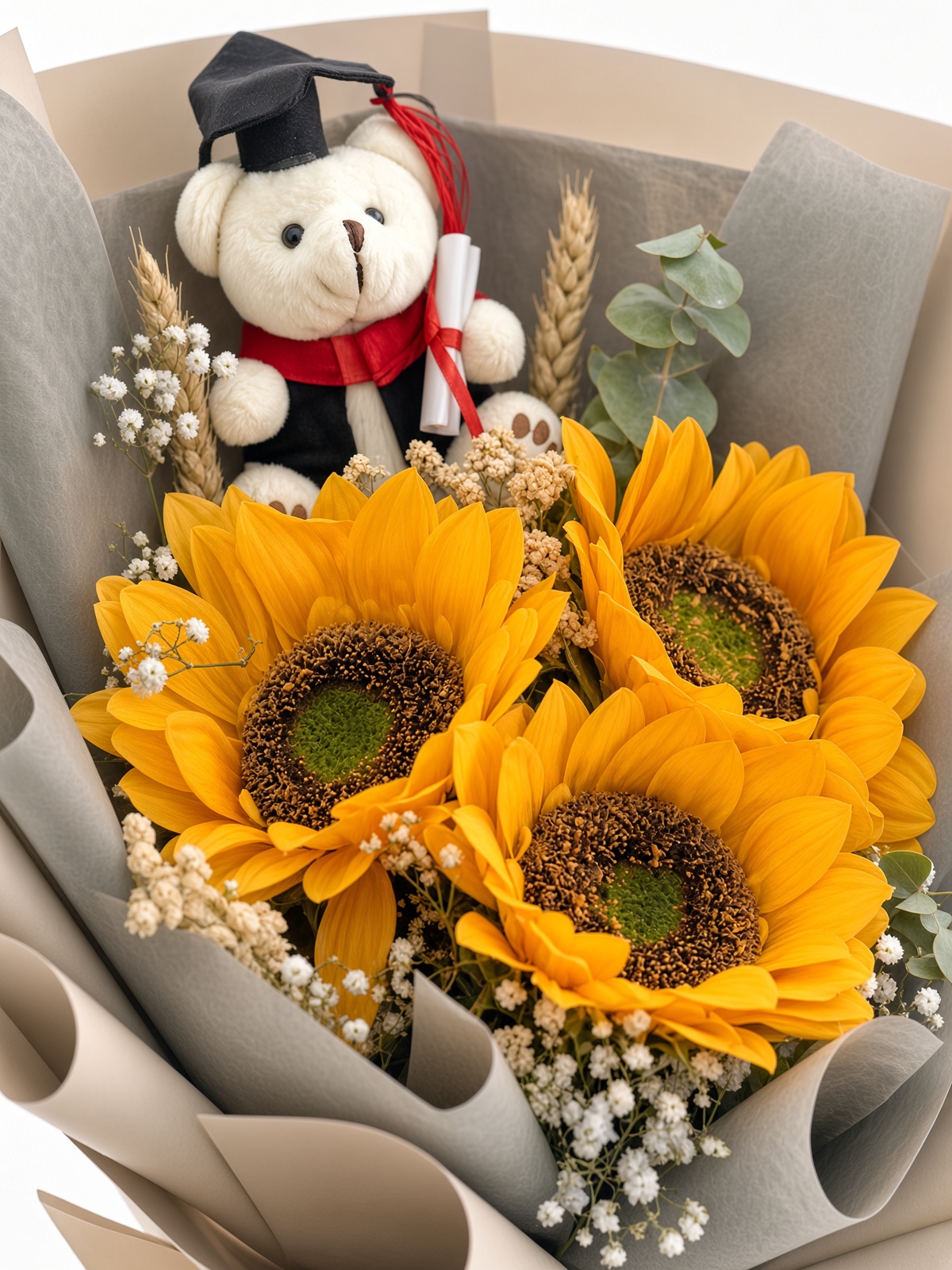 Graduation Soap Flower Bouquet | 3 Sunflowers & Baby’s Breath - Image 2