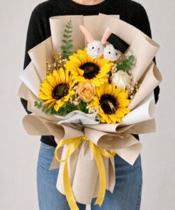 Graduation Soap Flower Bouquet | Sunflowers, Peach Rose & Mini Grad Plush