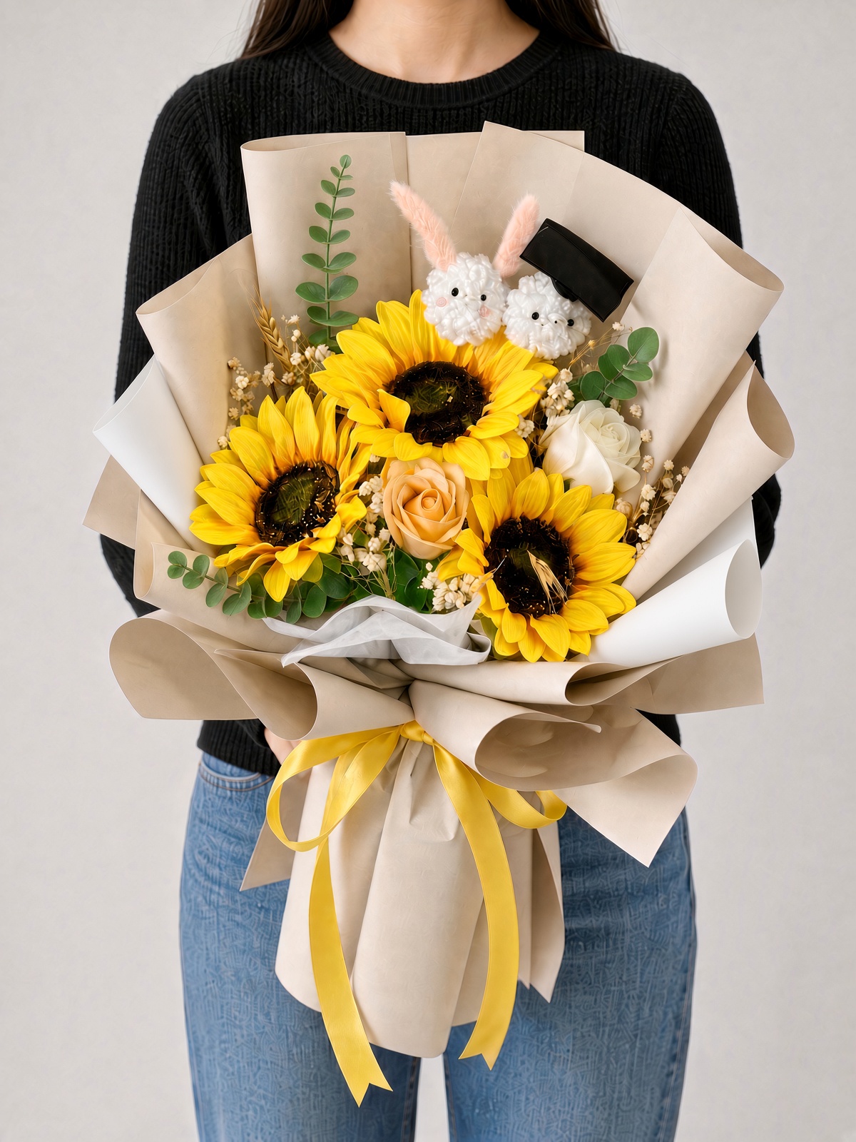 Graduation Soap Flower Bouquet | Sunflowers, Peach Rose & Mini Grad Plush