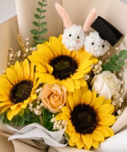 Graduation Soap Flower Bouquet | Sunflowers, Peach Rose & Mini Grad Plush - Image 2