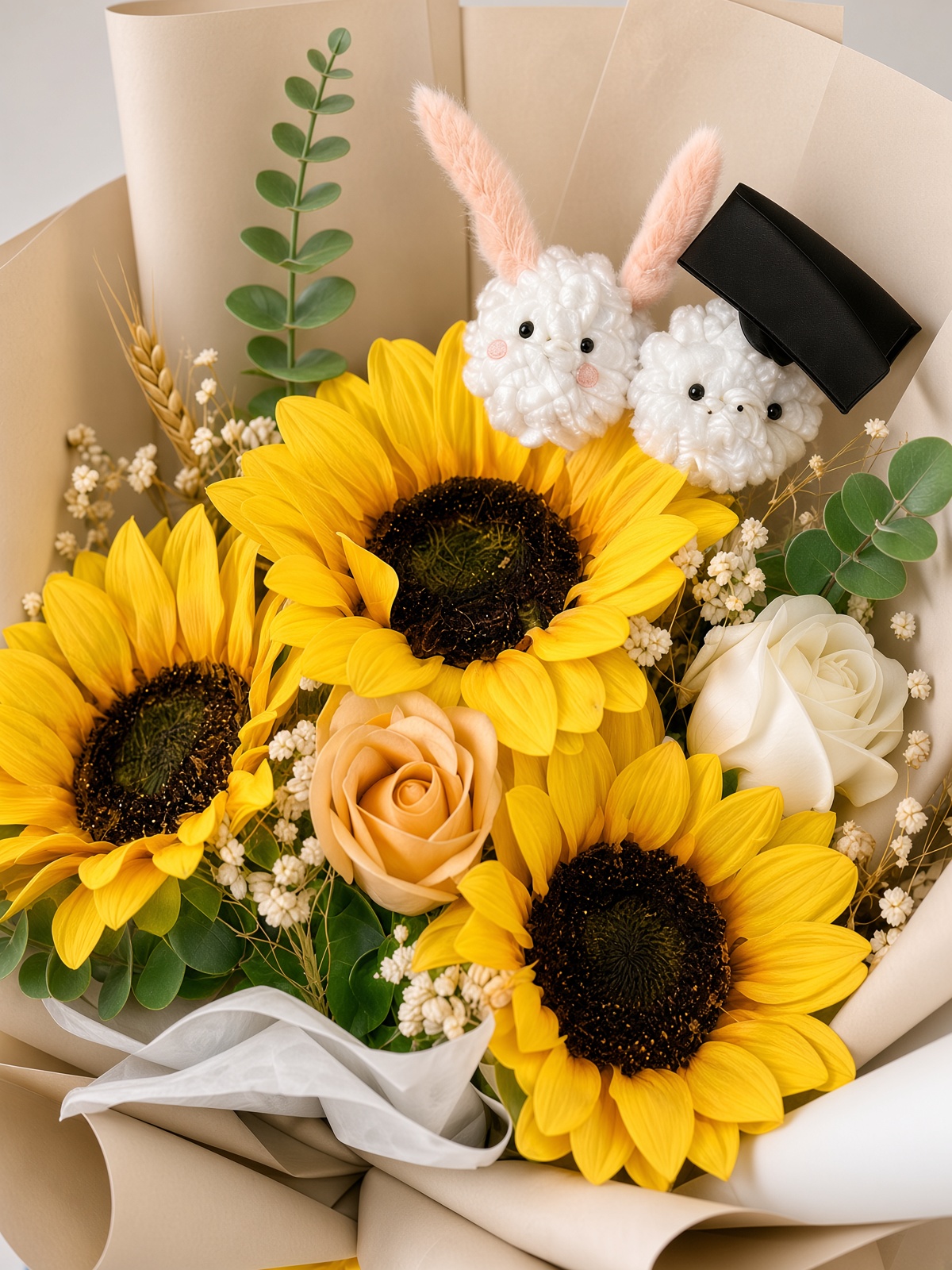 Graduation Soap Flower Bouquet | Sunflowers, Peach Rose & Mini Grad Plush - Image 2