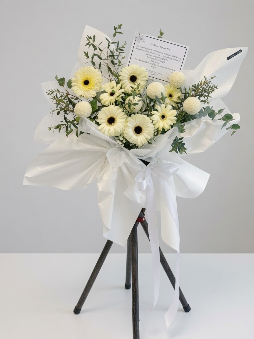 Condolences Stand White Gerbera & Ping Pong