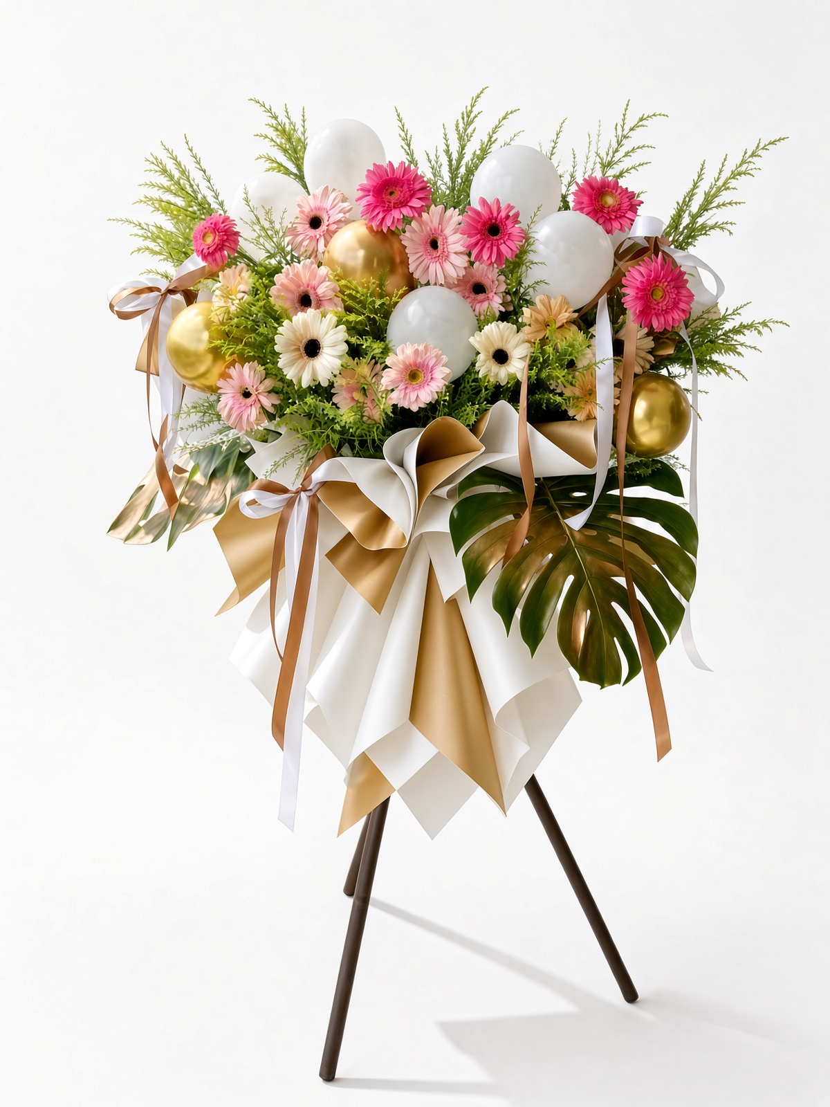 Grand Opening Flower Stand | Fresh Pink Gerbera & Monstera Standee | Shop Opening Congratulatory Flowers