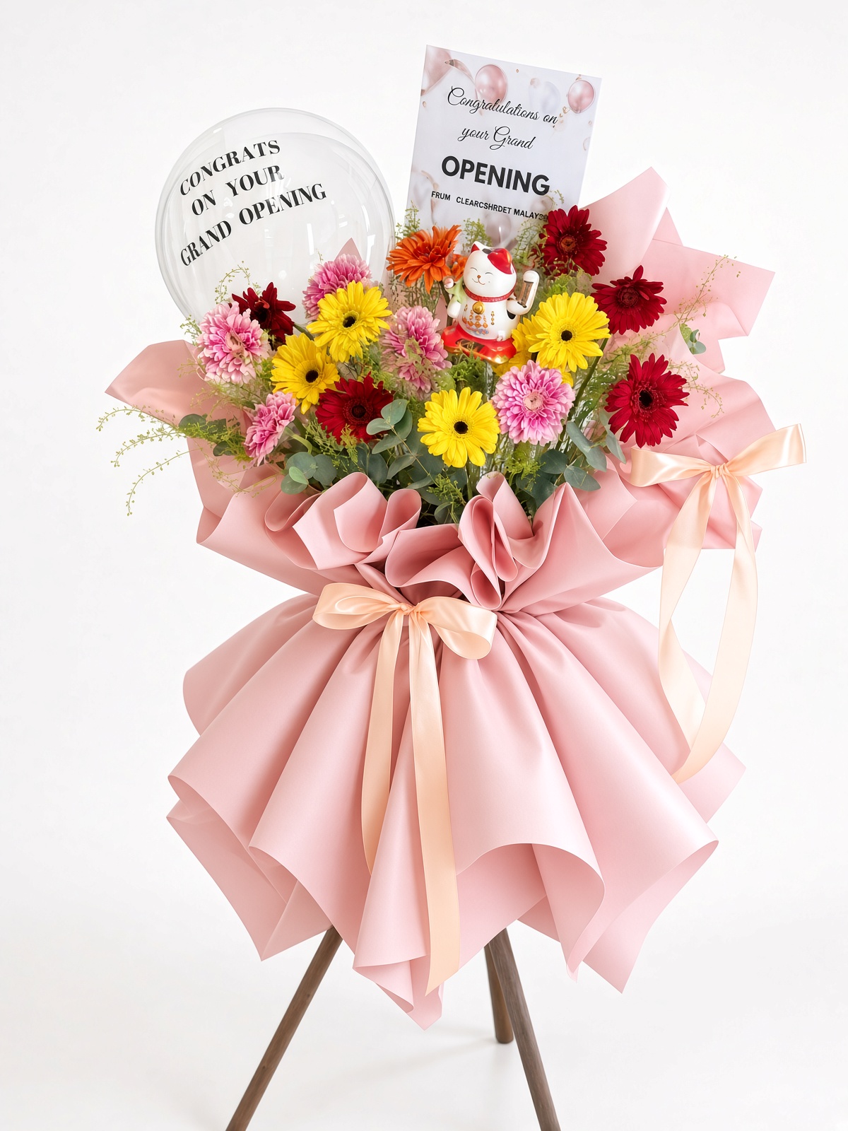 Grand Opening Flower Stand | Fresh Colourful Gerbera with Lucky Cat | Shop Opening Congratulatory Stand
