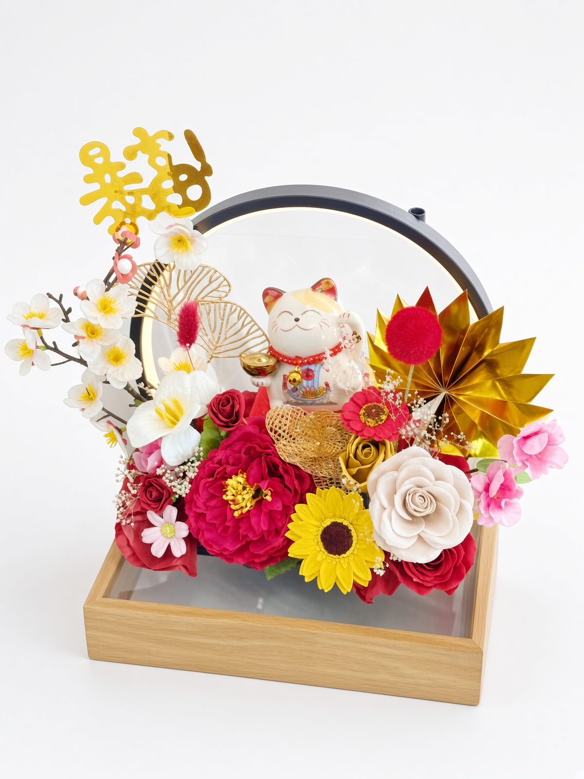 Lucky Cat Maneki Neko LED Opening Box | Soap & Artificial Flowers