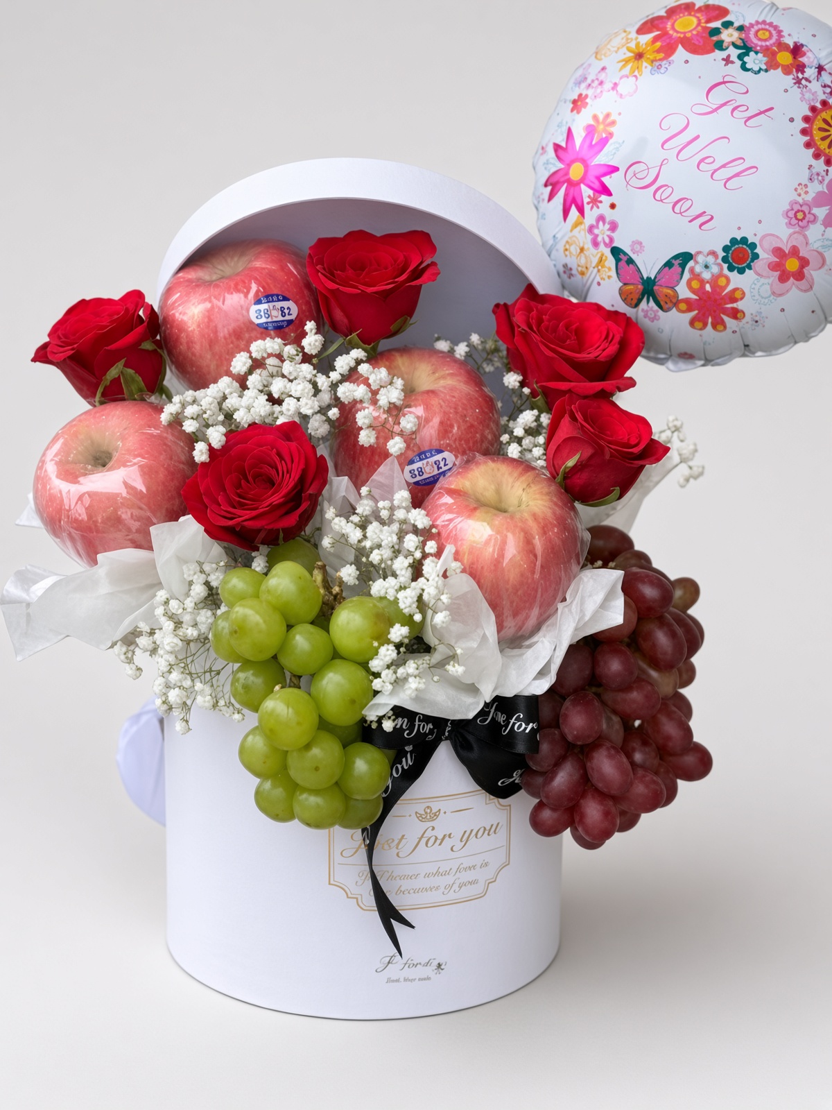 Get Well Soon Red Rose Fruit Basket | Fresh Roses, Apples & Grapes