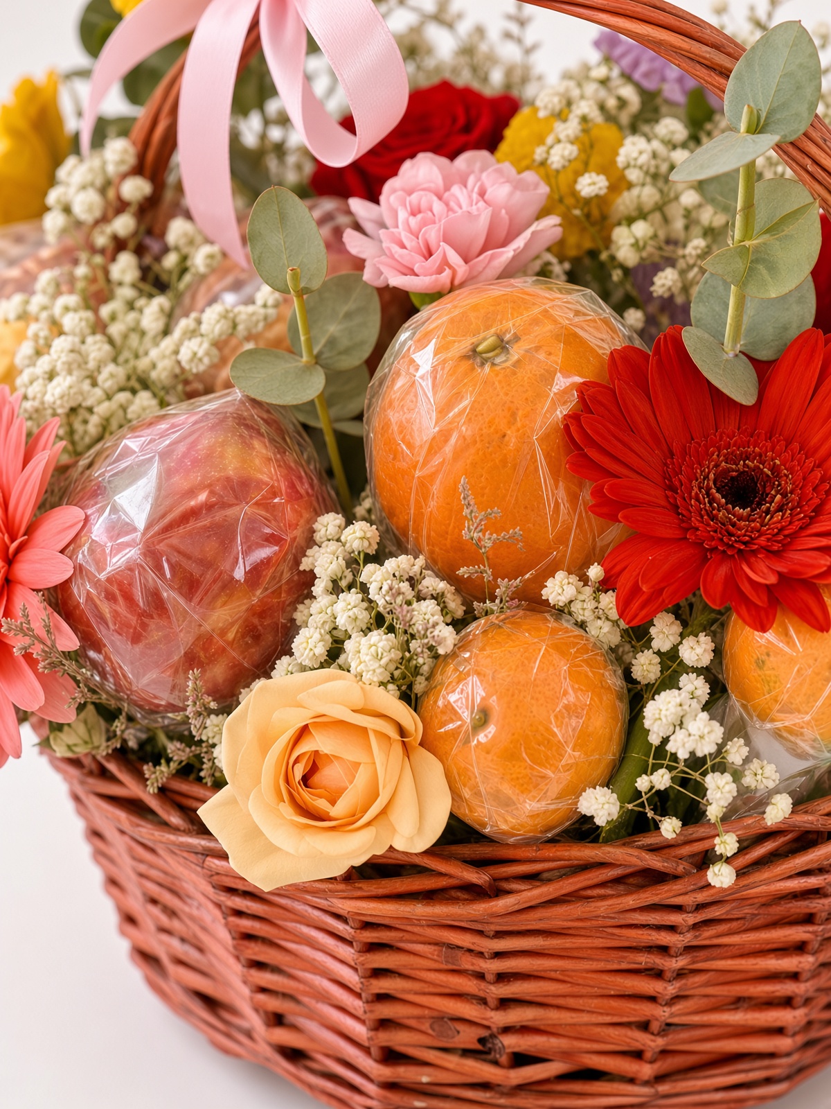 Rose & Gerbera Fresh Fruit Basket | Flowers & Seasonal Fruits - Image 2