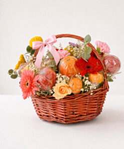 Rose & Gerbera Fresh Fruit Basket | Flowers & Seasonal Fruits