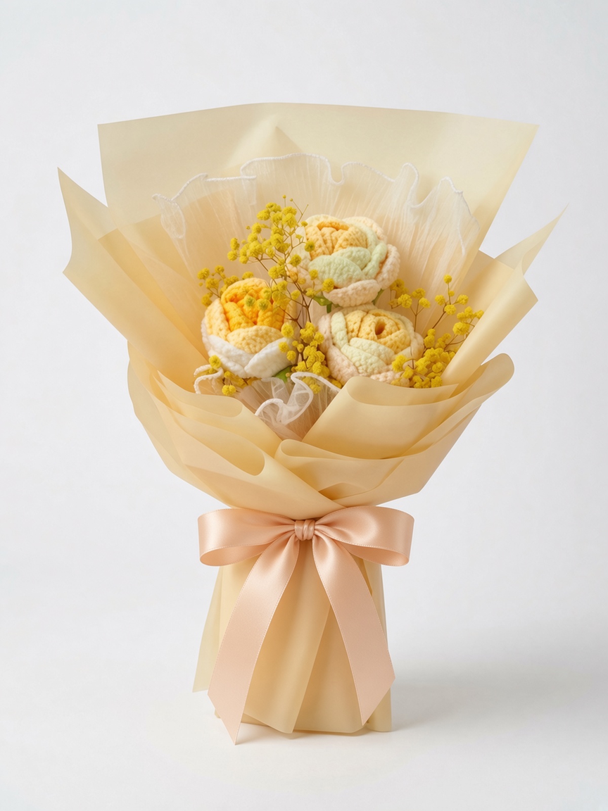 Crochet Rose Bouquet Orange Buttercream