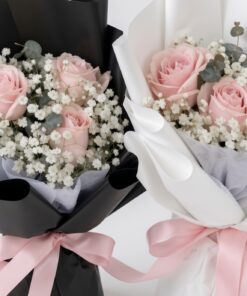 Pink Rose with Baby Breath Bouquet | 3 Stalks Rose Bouquet - Image 2