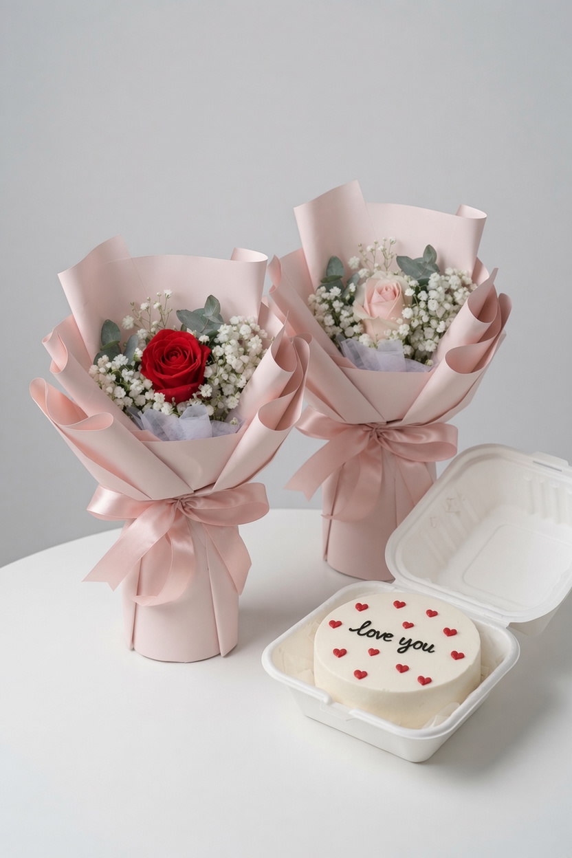 Single Rose Bouquet & Bento Cake | Flower & Cake Set