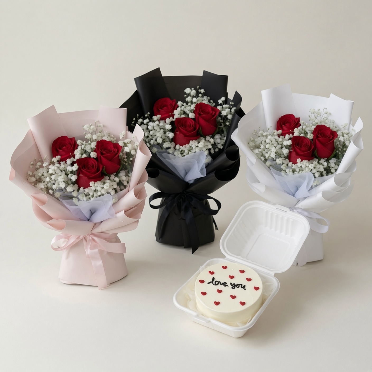 Rose Bouquet & Bento Cake | Flower & Cake Set