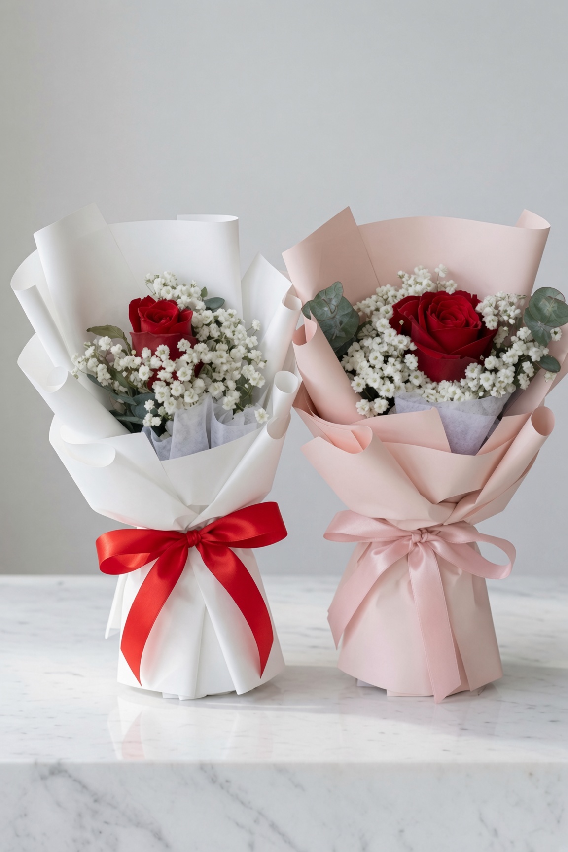 Single Rose with Baby Breath Bouquet | Single Stalk Rose Bouquet
