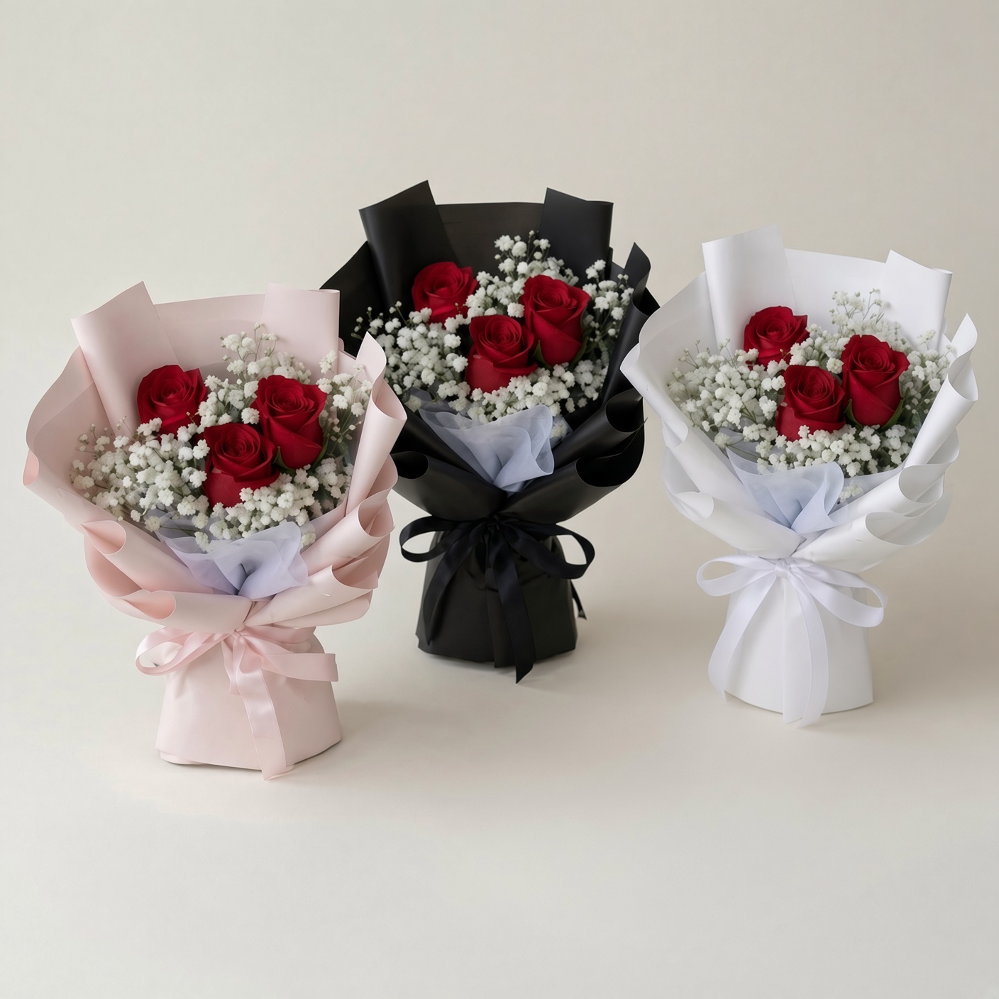 Red Rose with Baby Breath Bouquet | 3 Stalks Rose Bouquet