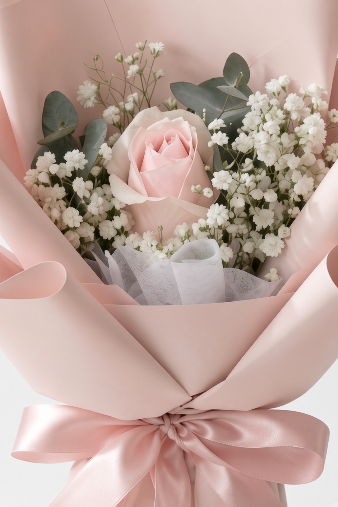Single Pink Rose Bouquet with Baby Breath - Image 2