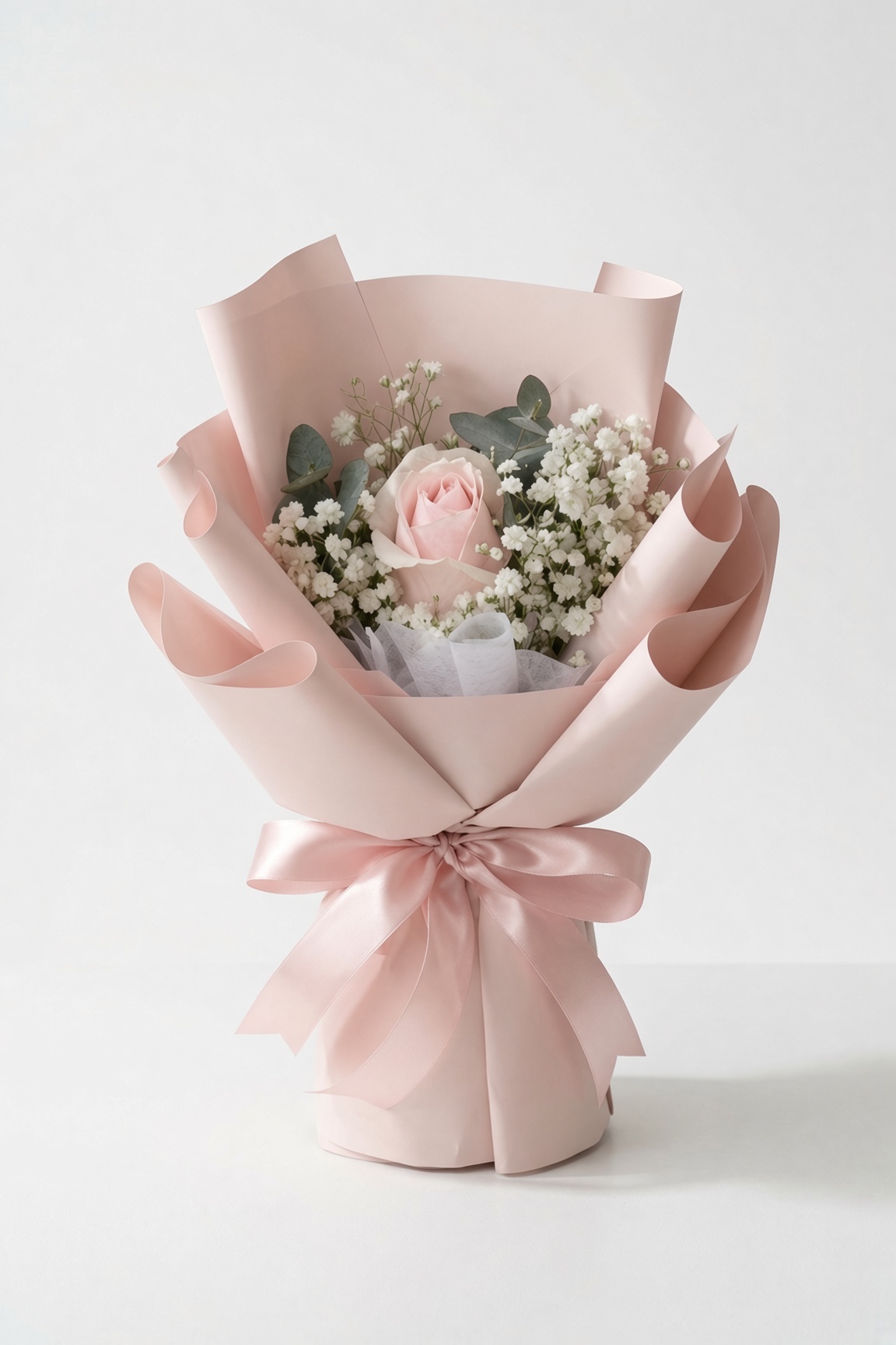 Single Pink Rose Bouquet with Baby Breath