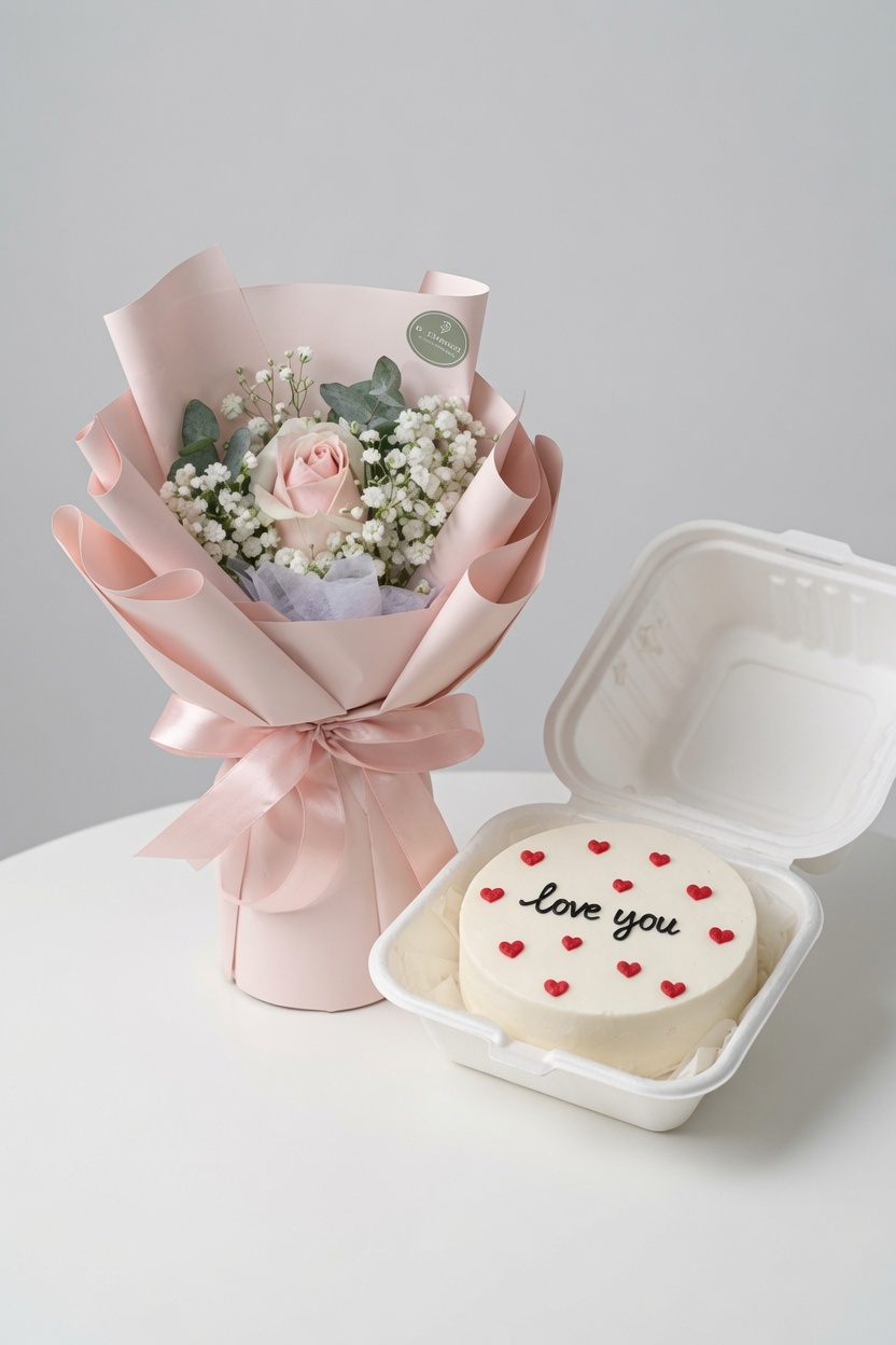 Single Rose Bouquet & Bento Cake | Flower & Cake Set - Image 3