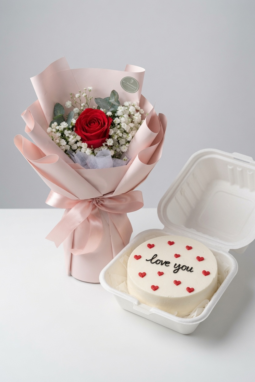 Single Rose Bouquet & Bento Cake | Flower & Cake Set - Image 2