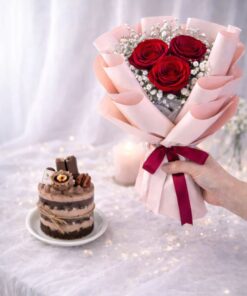 Trio Roses & Mini Cake (Fresh Flower) - Image 2