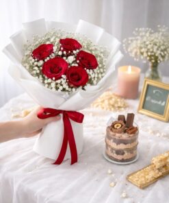 Five Roses & Mini Cake (Fresh Flower) - Image 2