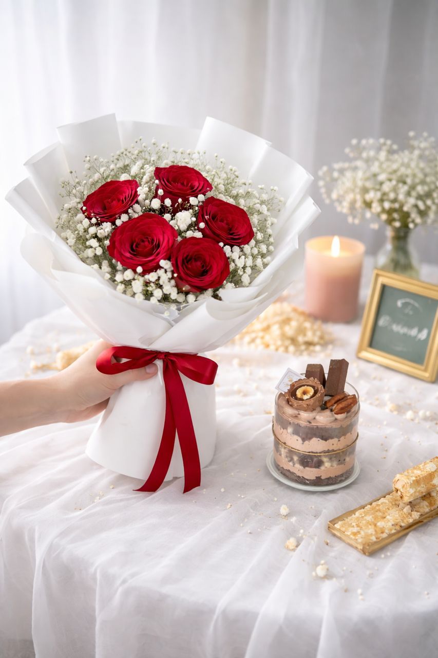 Five Roses & Mini Cake (Fresh Flower) - Image 2