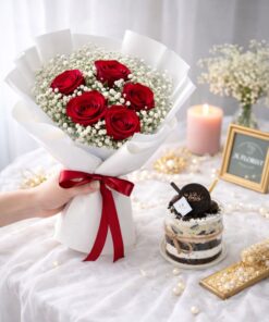 Five Roses & Mini Cake (Fresh Flower)